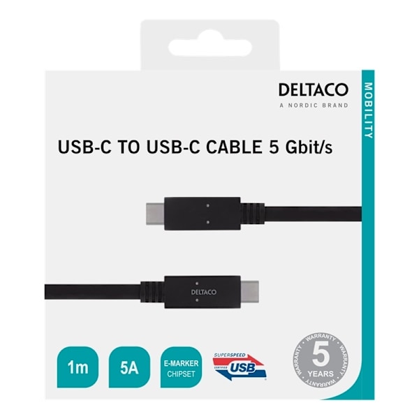 DELTACO USB-C - USB-C cable, 5Gbit/s, 5A, 1M, black