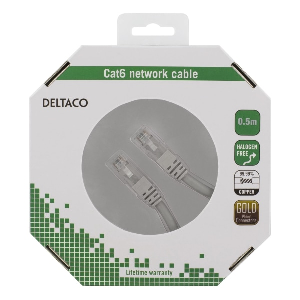 DELTACO U/UTP Cat6 patch cable, 0,5m, 250MHz, LSZH, gray