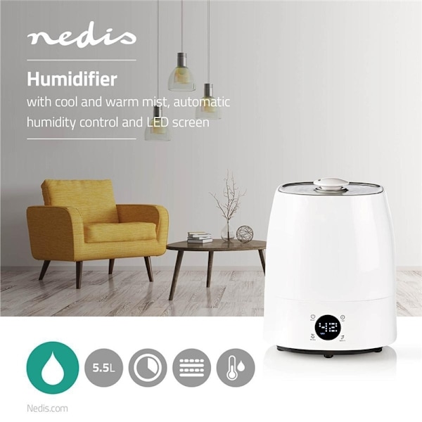 Nedis Ilmankostutin | 110 W | Viileällä ja lämpimällä usvalla | 5.5 l | Kosteusmittari | Ajastin | Sopii enintään tilalle: 50 m² | Harmaa / Valkoinen
