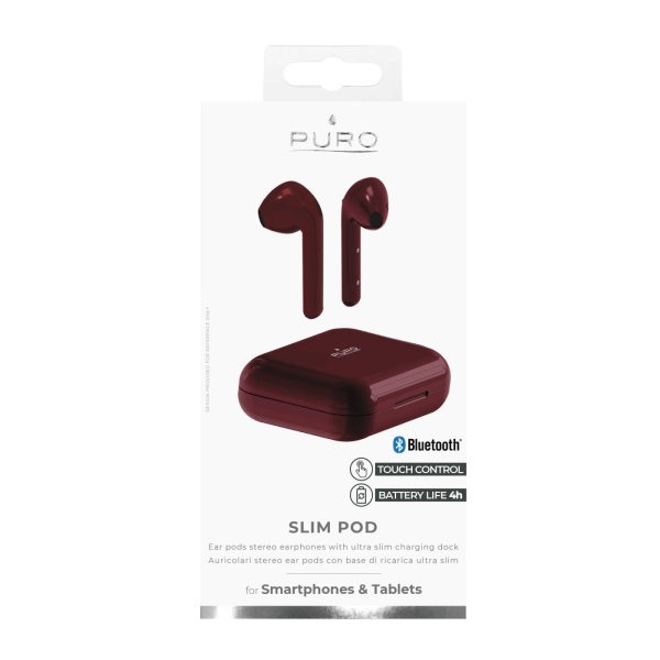 Puro Bluetooth Slim Pod hörlurar med laddstation, Röd Röd