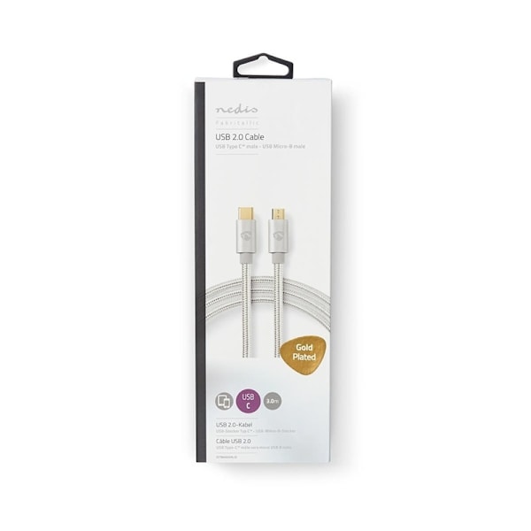 Nedis USB kaapeli | USB 2.0 | USB-C™ Uros | USB Micro-B Uros | 10 W | 480 Mbps | Kullattu | 3.00 m | Pyöreä | Nailon / Punottu | Alumiini | Laatikko k