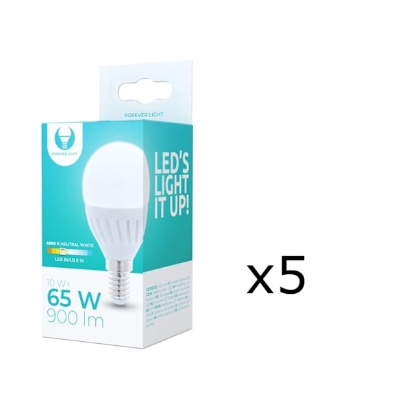 LED-lamppu E14, G45, 10W, 230V, 4500K, keraaminen, 5-pack, valkoinen neutraali