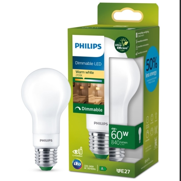 Philips LED E27 Normal 4W (60W) Frost Dimbar 840lm 2700K Energik