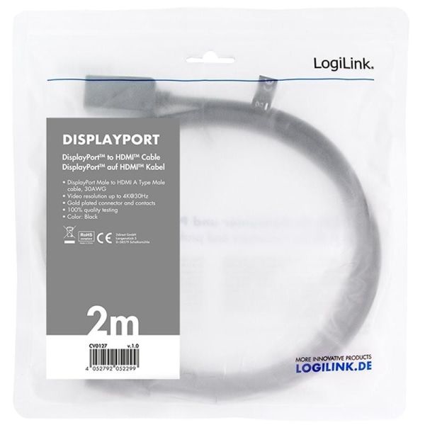 LogiLink DisplayPort 1.2 -> HDMI 1.4 4K 2m Svart
