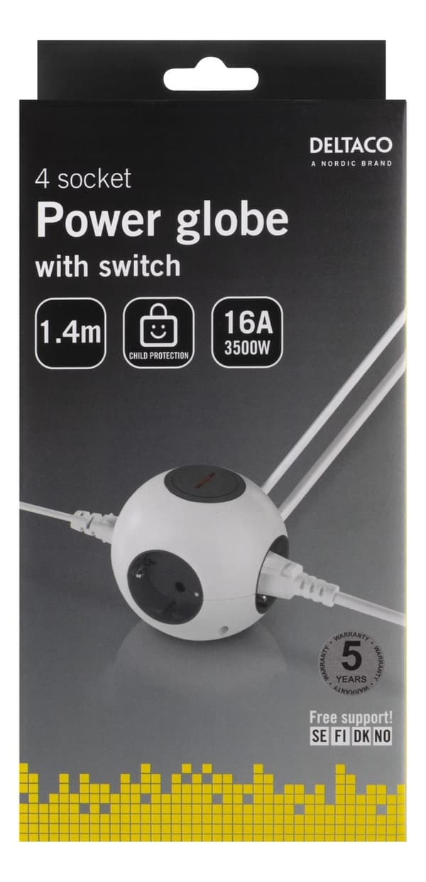 DELTACO Power globe with switch, 4xCEE 7/4, 1xCEE 7/7, 1.4m cable, whi