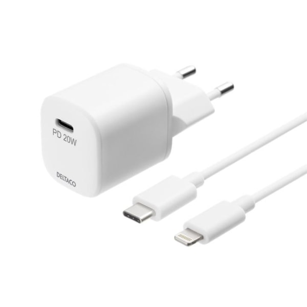 DELTACO USB wall charger, USB-C, PD 20 W, including 1 m C to Lig