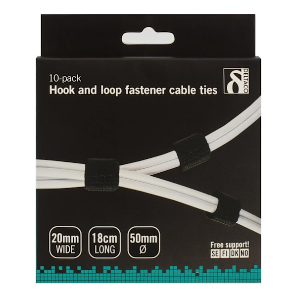 DELTACO Hook and loop fastener cable, 20mm width, 18cm, 10-pack, black