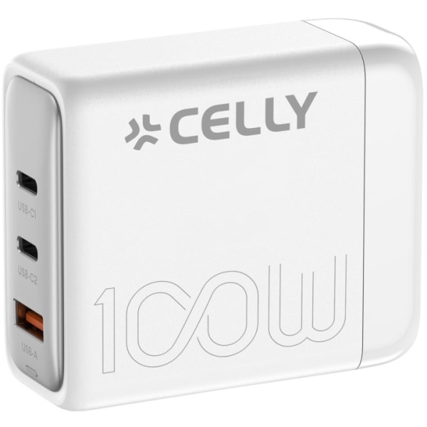 Celly Power Station 1 x USB-A + 2 x USB-C PD 100W GaN Vit