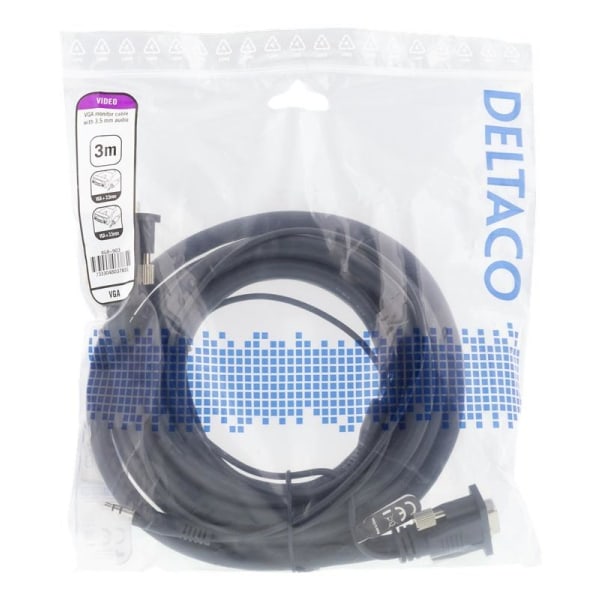 DELTACO monitor cable HD15 ma-ma, 3m, 1920x1200 60Hz, 3.5mm audi