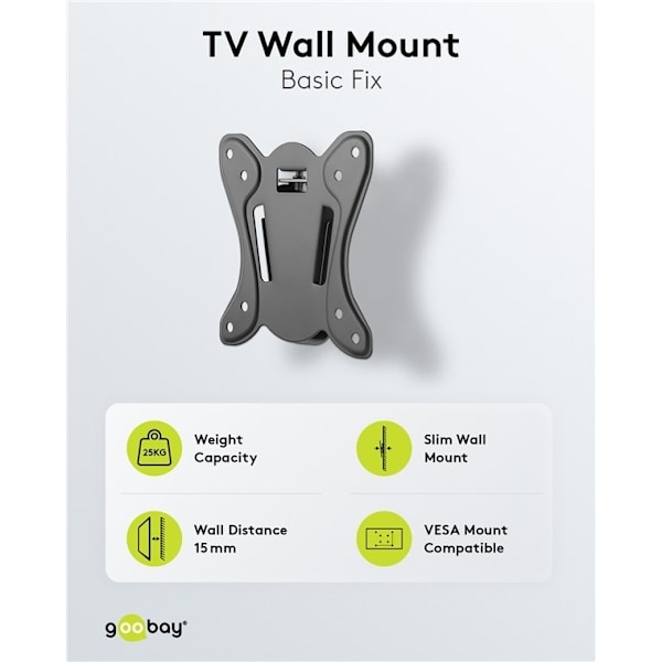 Goobay TV-vægbeslag Basic FIXED (størrelse S) til tv-apparater og skærme på mellem 23 og 42 tommer (58-107 cm) op til 25 kg