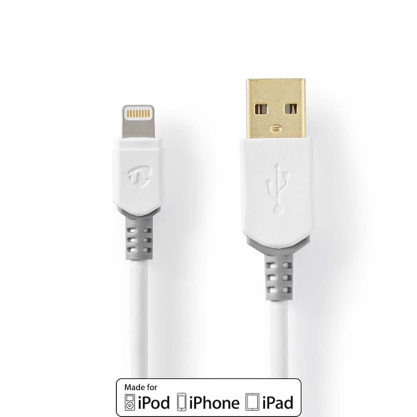 Nedis Lightning Kaapeli | USB 2.0 | Apple Lightning 8-Pin | USB-A Uros | 480 Mbps | Kullattu | 3.00 m | Pyöreä | PVC | Harmaa / Valkoinen | Laatikko