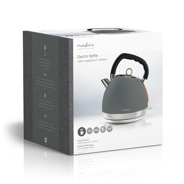 Nedis Vatten kokare | 1.8 l | Soft-Touch | Grå | Roterbar 360 grader | Dolt värmeelement | Strix® kontroll | Koka-tort funktion