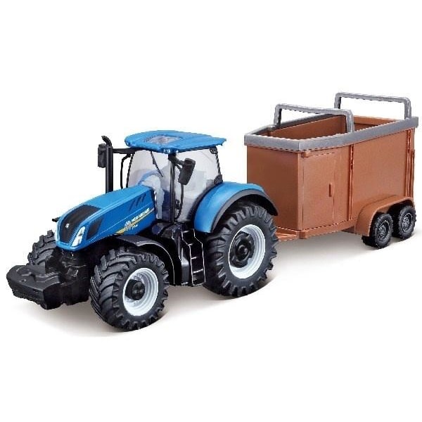 BURAGO Tractor w/livestock trailer N.H. T7.615 10cm blue