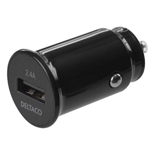 DELTACO 12/24 V USB car charger with compact size and 1x USB-A port, 2 Sort