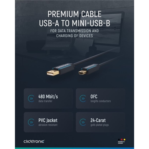 ClickTronic Adapterkabel fra USB A til USB Mini B 2.0 Premiumk