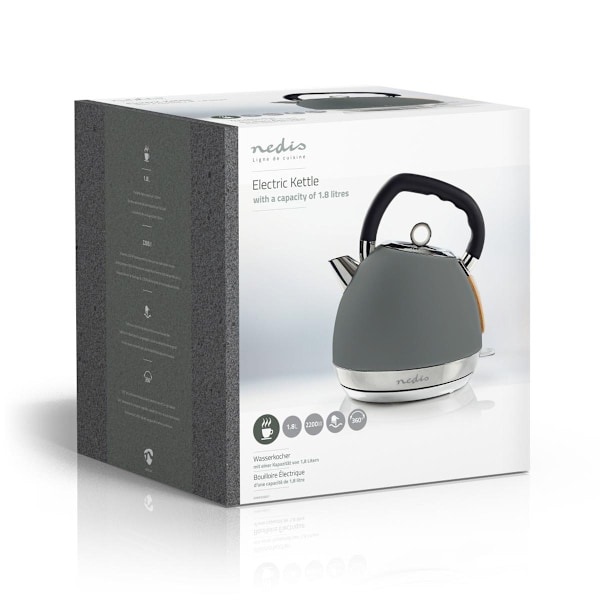 Nedis Vedenkeitin | 1.8 l | Soft-Touch | Harmaa | Pyörivä 360 astetta | Piilotettu lämmityselementti | Strix® ohjain | Tyhjäksi kiehumisen suoja