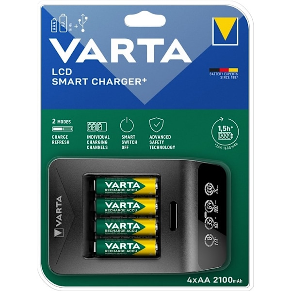 Varta LCD Smart Charger+ (typ 57684) inkl. 4x AA 2100 mAh laddar upp till 4x AA-batterier eller AAA-batterier (NiMH) samtidigt