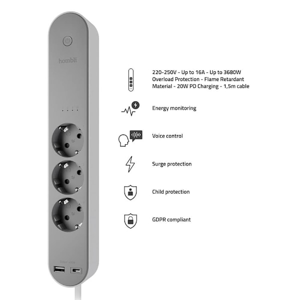 Hombli Smart Stikdåse 3-vejs Grå USB-C & USB-A