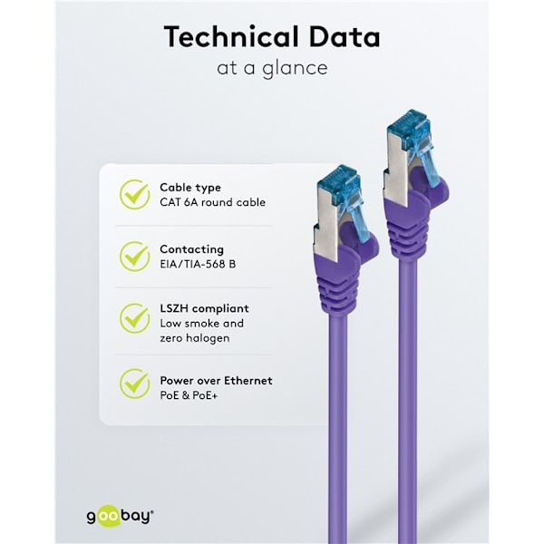 Goobay Patchkabel CAT 6A, S/FTP (PiMF), violett, 7,5 m opparledare (CU), halogenfri kabelhölje (LSZH)