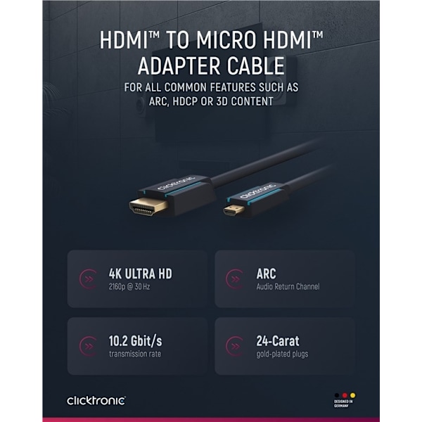 ClickTronic HDMI™ til Micro HDMI™ adapterkabel Premium-kabel | 1x HDMI™-stik  1x Micro-HDMI™-stik | 5,0 m | UHD 4K @ 30 Hz