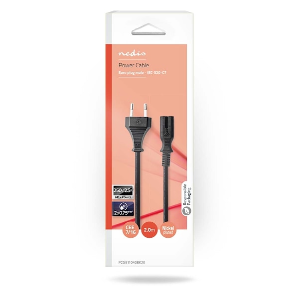 Nedis Strömkabel | Euro Man | IEC-320-C7 | Rak | Rak | Nickelplaterad | 2.00 m | Platt | PVC | Svart | Låda