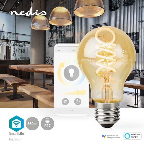 Nedis SmartLife LED Glødepære | Wi-Fi | E27 | 360 lm | 4.9 W | Varm til kølig hvid | 1800 - 6500 K | Glas | Android™ / IOS | Pære | 1 stk