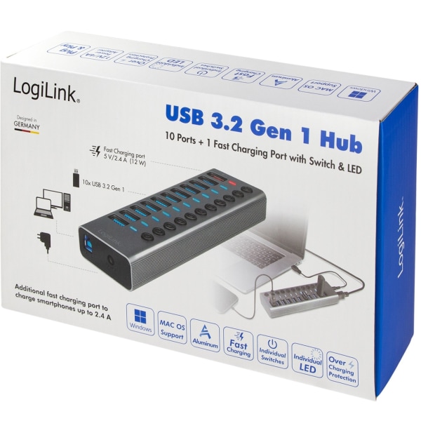 LogiLink USB-hub 10+1-port med separata På/Av-knappar USB 3.2 Ge