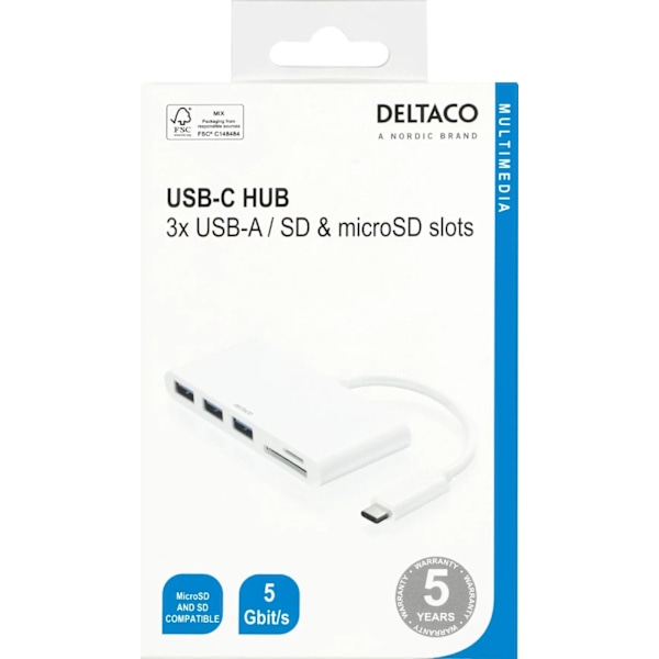 DELTACO USB 3.1 Gen 1 hubb, USB-C, 3USB A, SD/microSD-läsare, vit