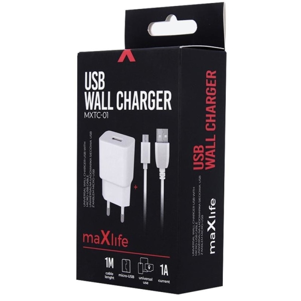 Maxlife Väggladdare MXTC-01 USB (1A) + microUSB-kabel, vit