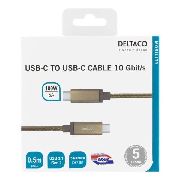 DELTACO USB-C SuperSpeed -kaapeli, 0,5m, USB 3.1 Gen 1, 100W, ku