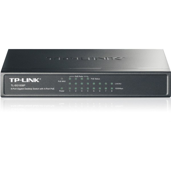 TP-LINK switch, 8x10/100/1000Mbps, RJ45, 4xPoE, 53W, bordmodel, sort