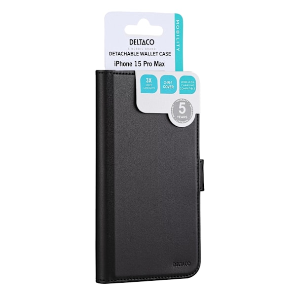 DELTACO Pungetui, 2-i-1, iPhone 15 Pro Max, magnetisk cover, sort Svart