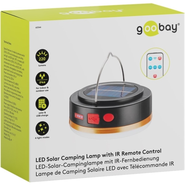 Goobay LED-solcampinglampe med IR-fjernbetjening med 6 lystilstande, solpanel, Li-ion-batteri 18650 (3,7 V, 2000 mAh), powerbank-funktion og USB-kabel