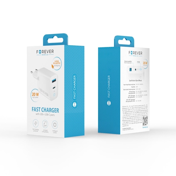 Forever TC-06-20AC PD QC charger 1x USB-C 1x USB 20W white