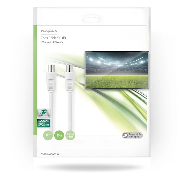 Nedis Koaksiaalikaapeli | IEC (Coax) Uros | IEC (Coax) Naaras | Niklattu | 90 dB | 75 Ohm | Tuplasuojattu | 25.0 m | Pyöreä | PVC | Valkoinen | Kirjek