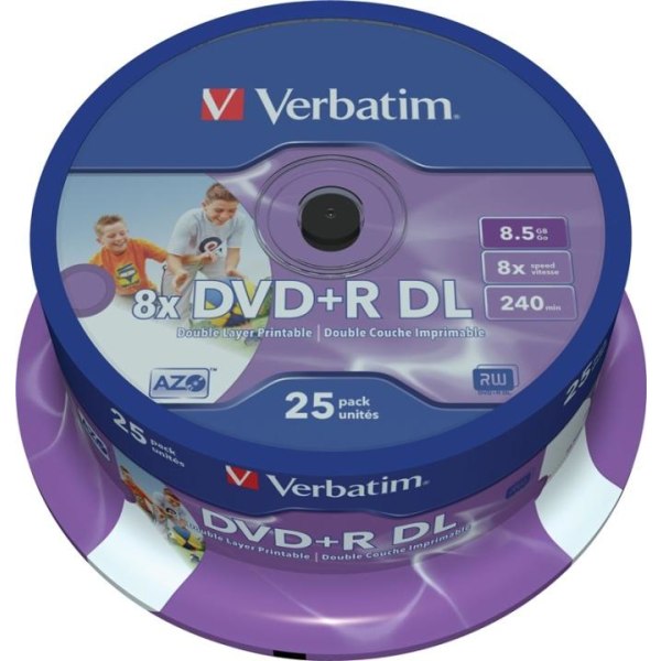 Verbatim DVD+R DL, 8x, 8,5 GB/240 min, 25-pack spindel, AZO, pri