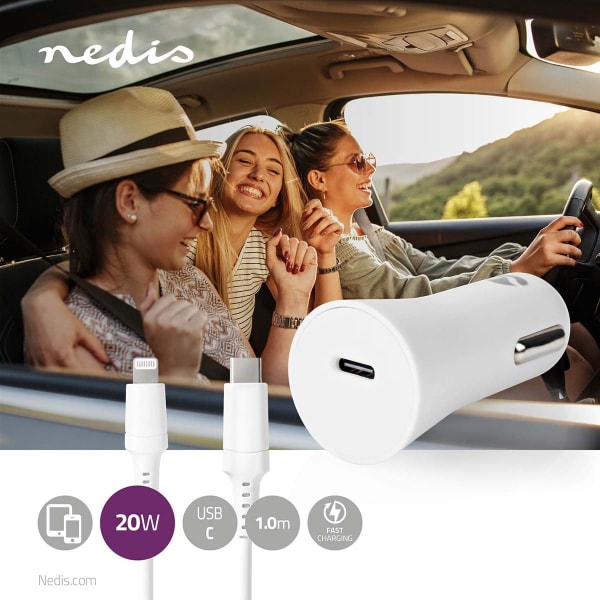 Nedis Autolaturi | 20 W | 1.67 / 2.22 / 3.0 A | Lähtöliitäntöjen määrä: 1 | Portin tyyppi: USB-C™ | Lightning 8-Pin (irrallinen) Kaapeli | 1.00 m | Au