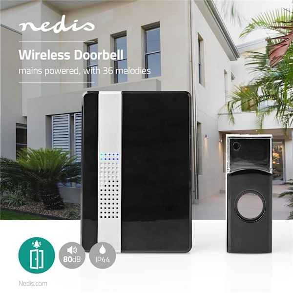 Nedis Trådlösa dörrklockan | Strömadapter | 220 - 240 V AC 50 Hz | 1x CR2032 | Volym: 80 dB | Signalområde: 300 m | IP44 | Justerbar volym | 36 Melodi