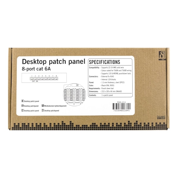 DELTACO Patch Panel, 8xRJ45, Cat6a, wall-mountable, metal, black
