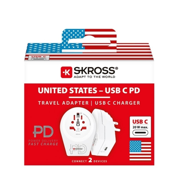 SKROSS World Adapter - World to USA USB-C™ PD för alla jordade och ojordade enheter (2- och 3-poliga), med integrerad, ultrasnabb USB-C™-laddare (Powe