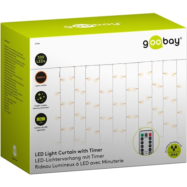 Goobay 300 LED-lysgardin med fjernbetjening, timerfunktion, 8 lysindstillinger, lysdæmper, USB- og batteridrift, varm-hvid (3000 K)