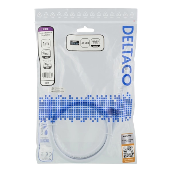 DELTACO High-Speed Premium HDMI cable, 1m, Ethernet, 4K UHD, white