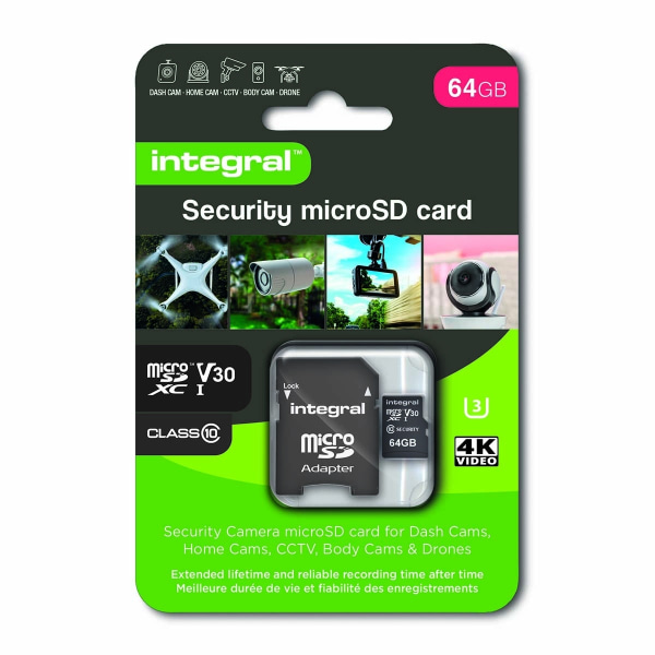 Integral 64 GB säkerhetskamera microSD-kort för färdkameror, hemmakameror, CCTV, kroppskameror och drönare