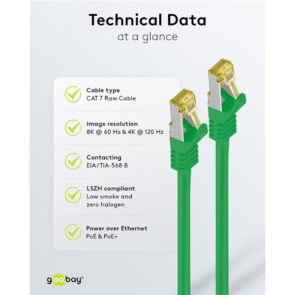 Goobay RJ45 netværkskabel S/FTP (PiMF), 500 MHz, med CAT 7 råkabel, grøn, 7,5 m LSZH halogenfri kabelkappe, kobber, RJ45-hanstik (CAT 6A)