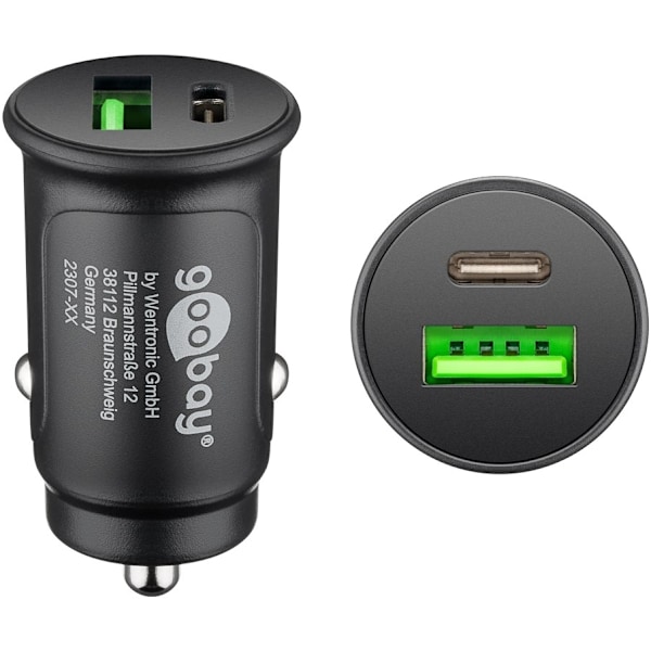 Goobay Dual-USB Auto Fast Charger USB-C™ PD (Power Delivery) (30 W) 30W (12/24V)lämplig för enheter med USB-C™ (Ström Delivery), såsom iPhone 12