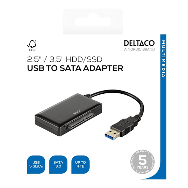 DELTACO USB 3.0 to SATA 6Gb/s adapter, for 2,5/3,5" hdd, black