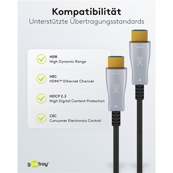 Goobay Optisk hybrid HDMI™-kabel med ultrahög hastighet och Ethernet (AOC) höghastighetskabel, 8K @ 60 Hz/ 4K @ 120 Hz, för långa överföringsavstånd