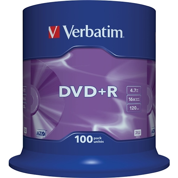 Verbatim DVD+R, 16x, 4,7 GB/120 min, 100-pakkaus spindle, AZO