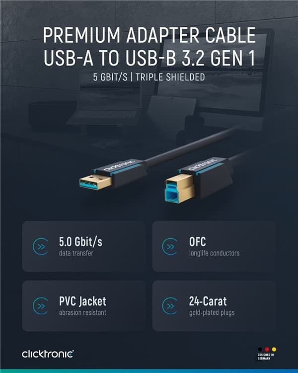ClickTronic USB-A till USB-B 3.0 Premium-adapterkabel