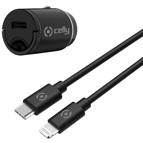 Celly Billader Mini USB-C PD 20W + USB-C til Lightning-kabel Sort